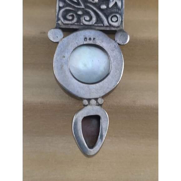 Vintage Sterling Silver Pendant Blue Pearl & Opal Artisan Intricate Engravings - Picture 5 of 8